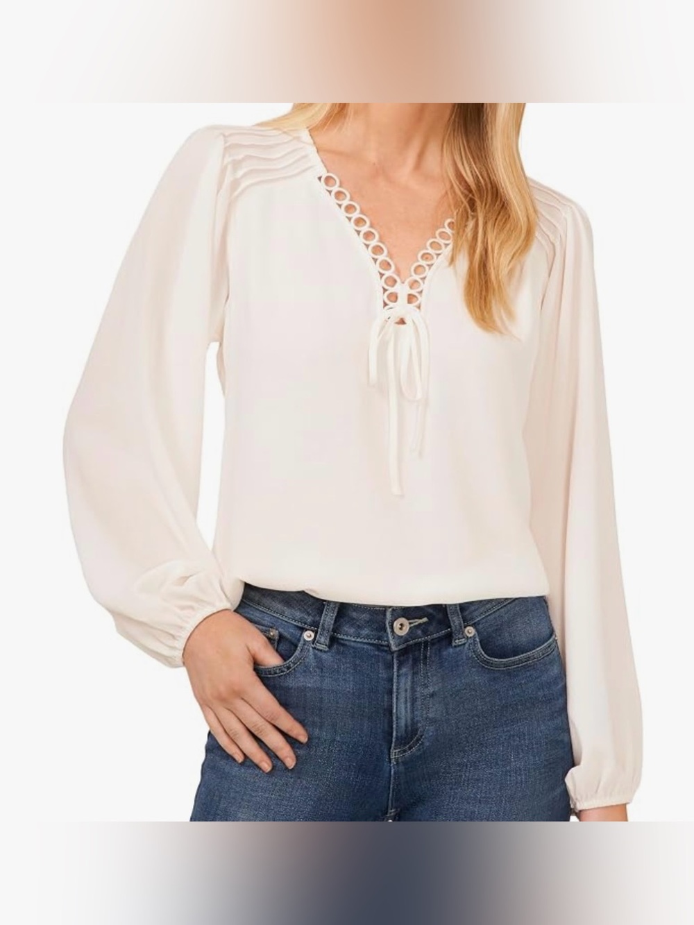 CeCe Ivory Tie-Front Long-Sleeve Blouse size L